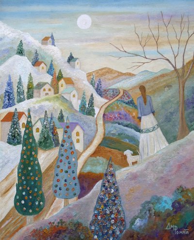 Chemin de village au clair de lune - Angeles M. Pomata