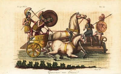 Guerriers grecs anciens avec des boucliers peints chevauchant un biga ou un char à deux chevaux - Angelo (after) Monticelli