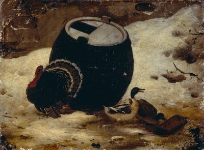 Animaux et un tonneau dans la neige - Angelo Inganni