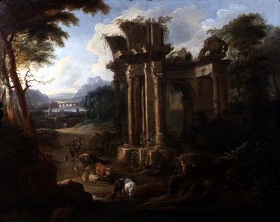 Paysage classique avec un vacher abreuvant son bétail, vers 1720 - Anglo Flemish School