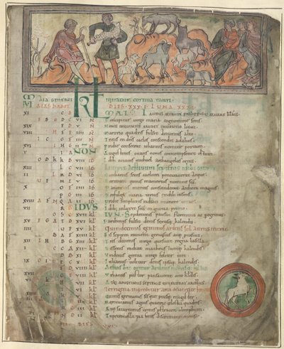 Cotton Tiberius B. V, Partie 1, f.5 Page de calendrier pour mai. Garder les moutons. Deux bergers avec leur troupeau, l
