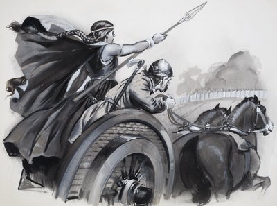 Boadicea attisant la fureur des Britanniques contre leurs suzerains romains (gouache sur papier) - Angus McBride