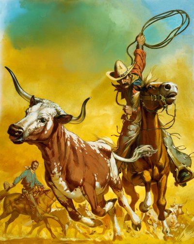 Cowboy prenant le bétail au lasso (gouache sur papier) - Angus McBride
