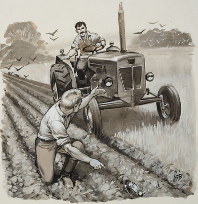 Agriculteur découvrant une relique antique (gouache sur papier) - Angus McBride