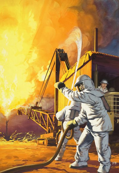 Pompier en tenue de sécurité luttant contre un incendie dans un champ pétrolifère - Angus McBride