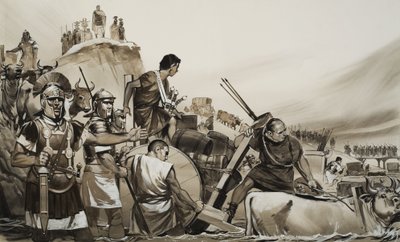 Jules César (100-44 av. J.-C.) conduit ses soldats à travers le petit fleuve Rubicon et marche sur Rome (gouache sur papier) - Angus McBride
