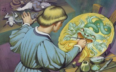 Léonard de Vinci peignant un bouclier pour impressionner son père (gouache sur papier) - Angus McBride