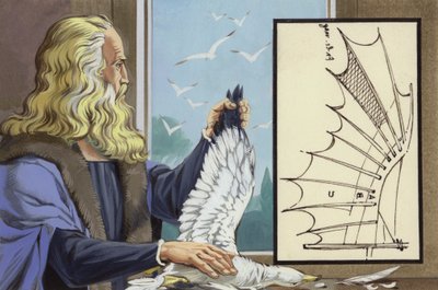 Léonard de Vinci étudiant les oiseaux afin de découvrir comment un homme peut voler (gouache sur papier) - Angus McBride