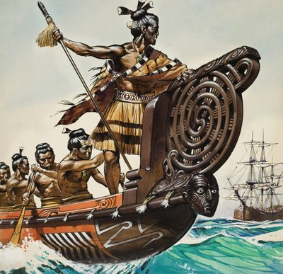 Les indigènes et le capitaine Cook (1728-79) (gouache sur papier) - Angus McBride