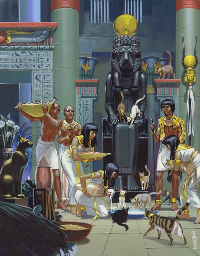 Serviteurs nourrissant des chats dans un ancien temple égyptien (gouache sur papier) - Angus McBride