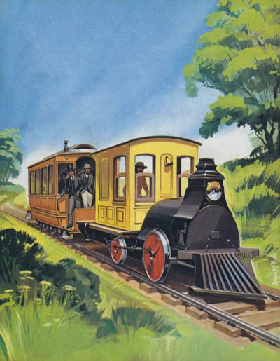 Train électrique de Thomas Edisons, construit en 1882 (lithographie couleur) - Angus McBride