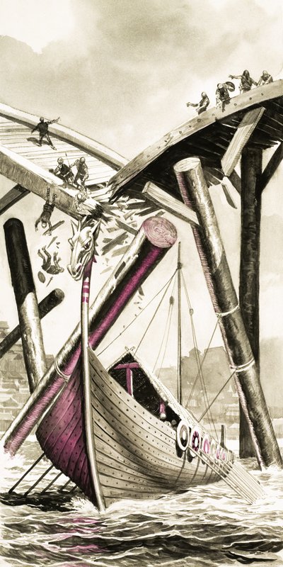 Chaloupe viking non identifiée détruisant un pont - Angus McBride