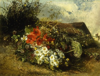 Fleurs Sauvages sur une Berge, avec un Cottage au Loin - Anna Peters