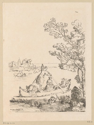 Paysage fluvial avec un bateau ramé par une femme, Cabinet du Roy (titre de la série sur l