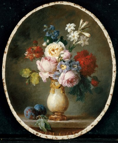 Un vase de fleurs et deux prunes sur une table en marbre, 1781 - Anne Vallayer Coster