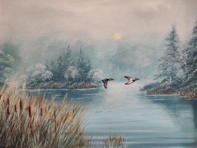 Des canards au-dessus du lac en hiver - Annette Armitage