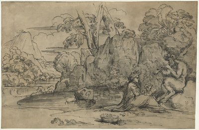 Paysage avec un satyre jouant de la flûte, une femme et un putto - Annibale Carracci (attributed to)