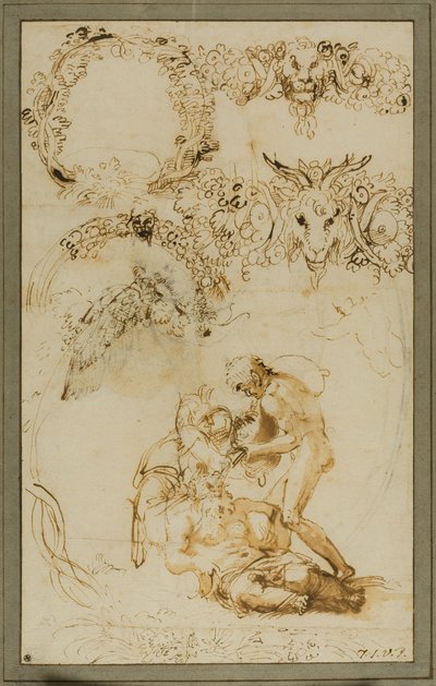 Silène ivre et esquisses décoratives : Études pour la Tazza Farnese (recto) ; Deux Putti se battant : Étude pour la Galleria Farnese (verso) - Annibale Carracci