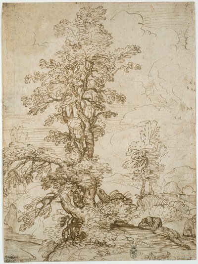 Paysage avec un homme endormi sous un arbre (recto) ; Paysage avec un cavalier (verso) - Annibale Carracci