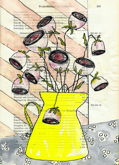 Vase jaune à fleurs roses - Annick