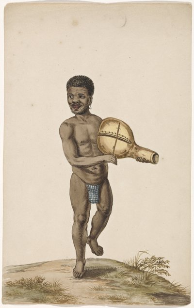 Homme africain jouant de la musique avec un instrument en calebasse - Anonymous