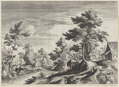 Paysage fluvial boisé avec quelques bâtiments - Anonymous