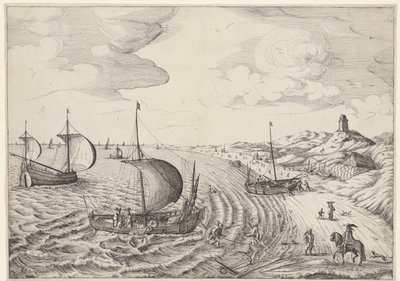 Paysage côtier avec bateaux de pêche - Anonymous
