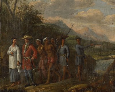 Marchand néerlandais avec des esclaves dans les collines des Indes orientales - Anonymous