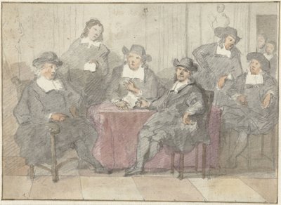 Portrait de groupe de six hommes assis et debout autour d