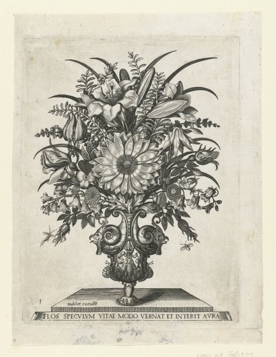 Vase grotesque avec des fleurs, y compris un tournesol - Anonymous