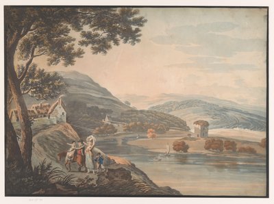 Paysage vallonné avec rivière et famille avec cheval sur un chemin - Anonymous
