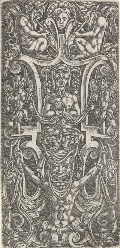 Au centre, un satyre assis sur un homme avec un grand masque (Décorations plates avec grotesques en ornement) - Anonymous