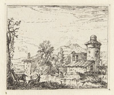Paysage italianisant avec tour ronde et deux chèvres - Anonymous