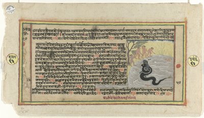 Krishna combat le serpent Kalya tandis que quatre jeunes bergers regardent - Anonymous
