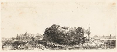 Paysage avec cottages et grange à foin : oblong - Anonymous
