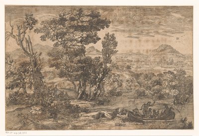 Paysage avec un bateau sur une rivière - Anonymous