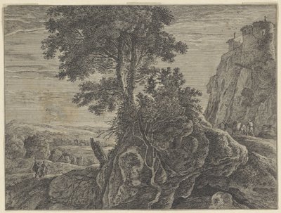 Paysage avec un bâtiment sur un rocher - Anonymous