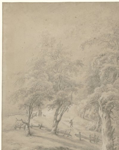 Paysage avec quelques figures sur un chemin derrière une barrière - Anonymous