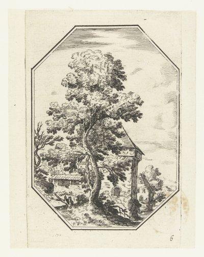 Paysage avec grand arbre dans un cadre octogonal (Paysages octogonaux) - Anonymous