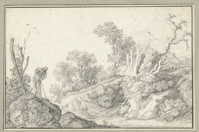 Paysage avec arbre nu et homme avec bâton - Anonymous