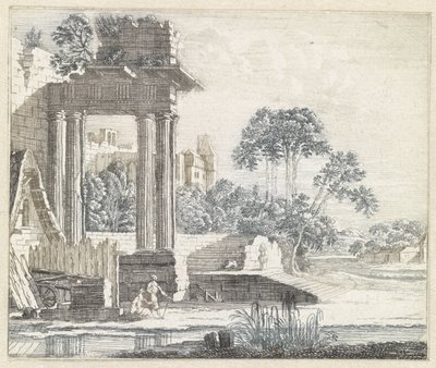 Paysage avec ruines classiques au bord de l