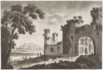 Paysage avec ruines, bergers et promeneurs - Anonymous