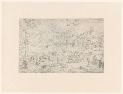 Paysage avec chasse au faucon sur des hérons - Anonymous