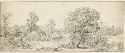Paysage avec promeneurs, un berger et beaucoup d