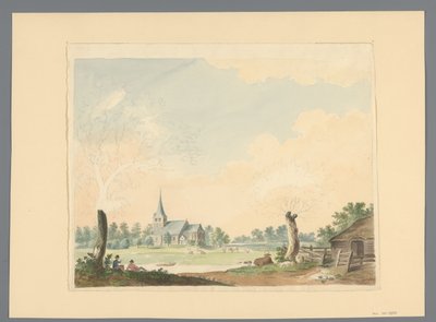 Paysage avec vue sur un pré et une église - Anonymous