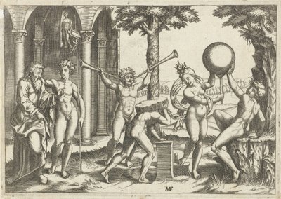 Homme avec deux trompettes et homme avec pierre sur son dos flanqué par homme et femme avec globe et vieil homme et jeune homme - Anonymous