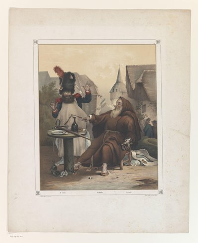 Moine et officier à une table avec des attributs - Anonymous