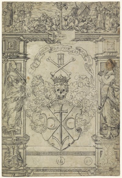 Conception pour un vitrail avec des armoiries, les figures Fides et Spes, et Moïse et le serpent d