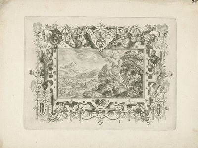 Encadrement ornemental avec volutes et figures, avec paysage de Vénus et Adonis - Anonymous