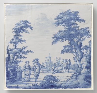 Plaque peinte avec paysage et figures - Anonymous